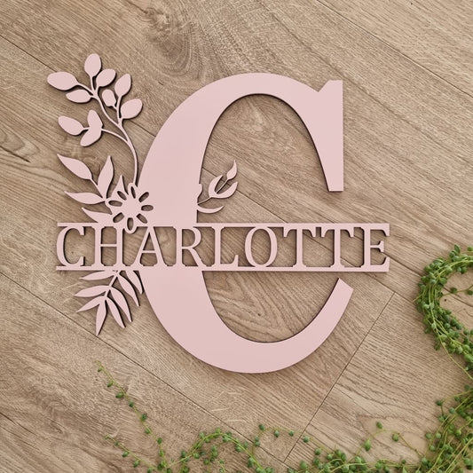 Monogram Letter With Name Floral Wreath - Laser Cut Name Plaque