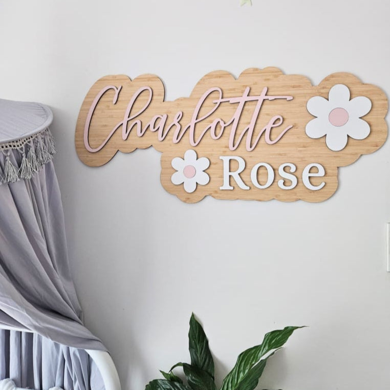 Popped Two names with Flowers Name Plaque - Laser Cut Name Plaque