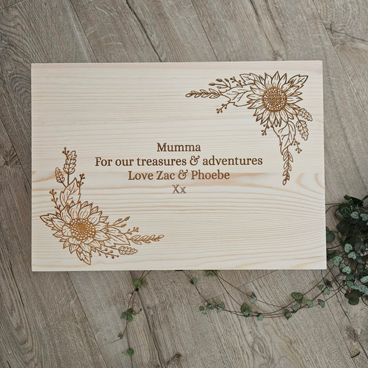 Sunflower Border Engraved Pine Box