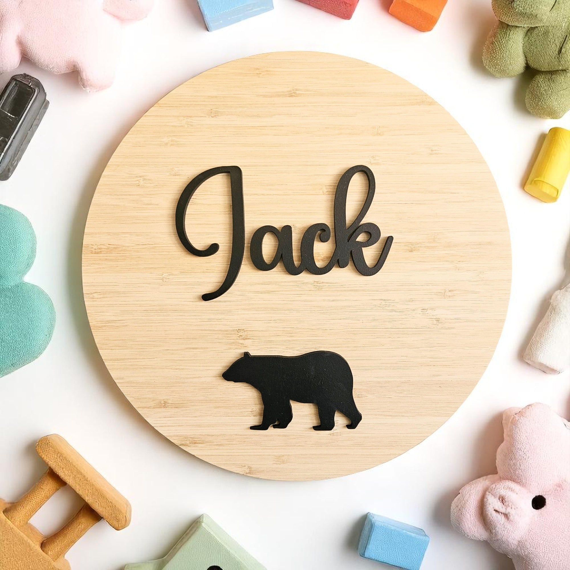 Raised Name and Bear On Bamboo Circle