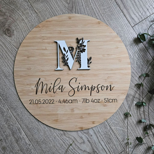 Birth Details with Monogram Bamboo Circle - Pine Sign
