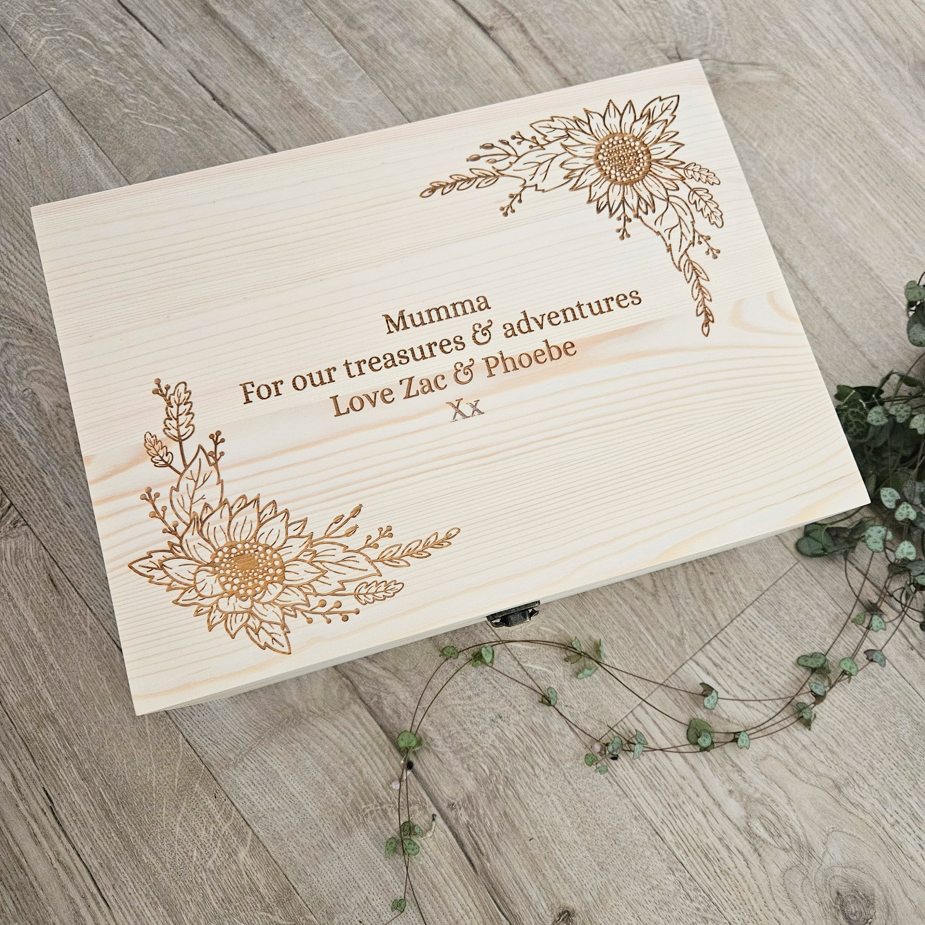 Sunflower Border Engraved Pine Keepsake Box