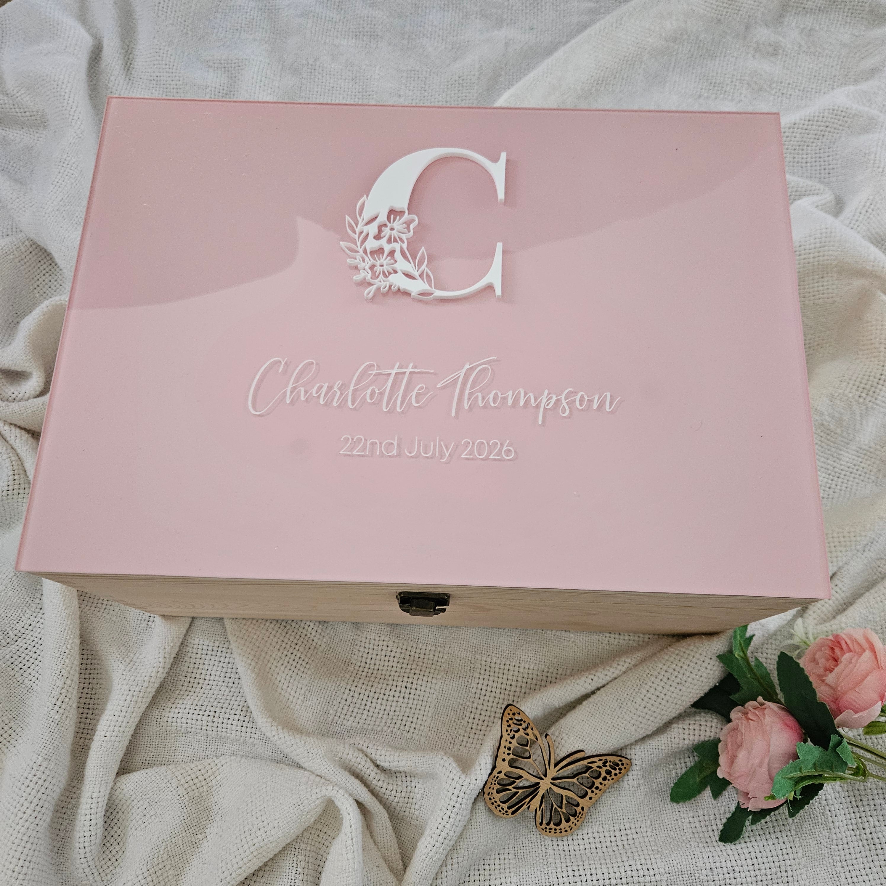 Floral Monogram with birth details on Acrylic Lid Keepsake Box