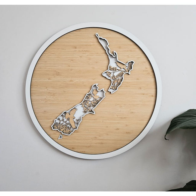 NZ Native Bird Map 3 Layer Bamboo circle - White - Geometric Animals