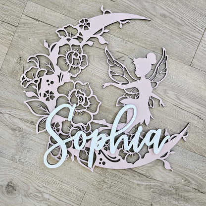 Fairy On Floral Moon with raised name