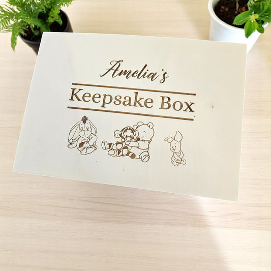 Winnie Picture Keepsake Box Pine Engraved