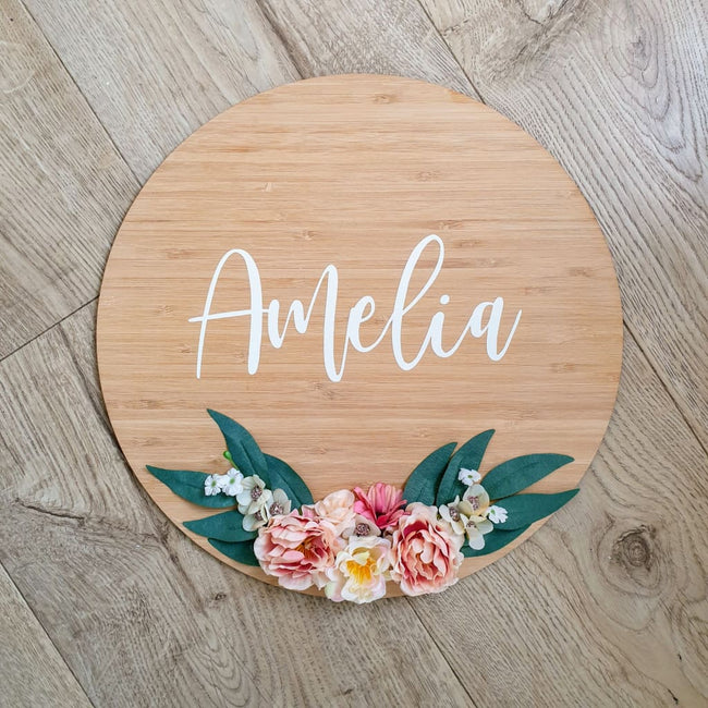 Floral Name On Bamboo Circle - Laser Cut Name Plaque