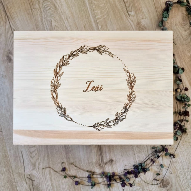 Olive Wreath Engraved Pine Box - Keepsake Box